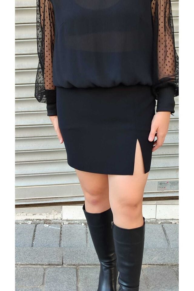 Astarsız Diz Üstünden Yırtmaçlı Portoriko Kunaş Mini Etek Etek Urun Boy 45 Cm