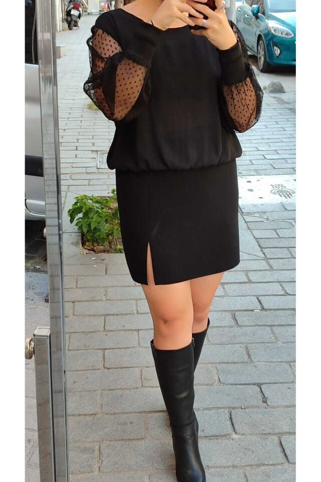 Astarsız Diz Üstünden Yırtmaçlı Portoriko Kunaş Mini Etek Etek Urun Boy 45 Cm