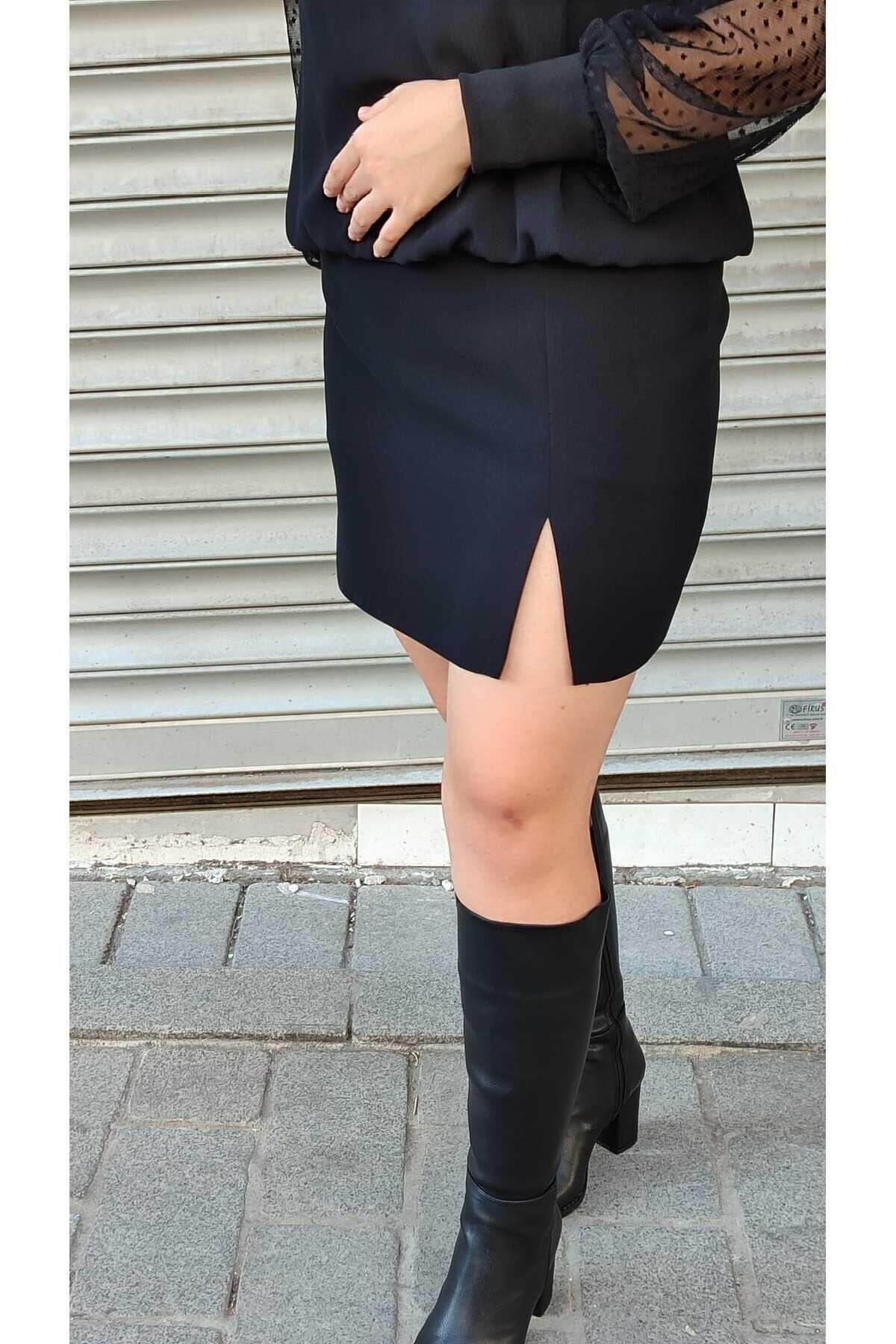 Astarsız Diz Üstünden Yırtmaçlı Portoriko Kunaş Mini Etek Etek Urun Boy 45 Cm