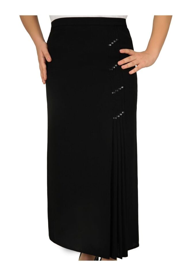 Tesettür Büyük Beden Deri Detaylı Astarlı Pileli Portoriko Kumaş Anne Eteği