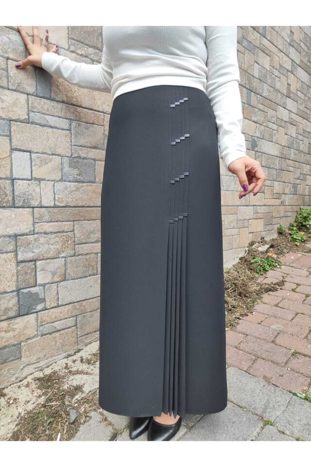 Tesettür Büyük Beden Deri Detaylı Astarlı Pileli Portoriko Kumaş Anne Eteği