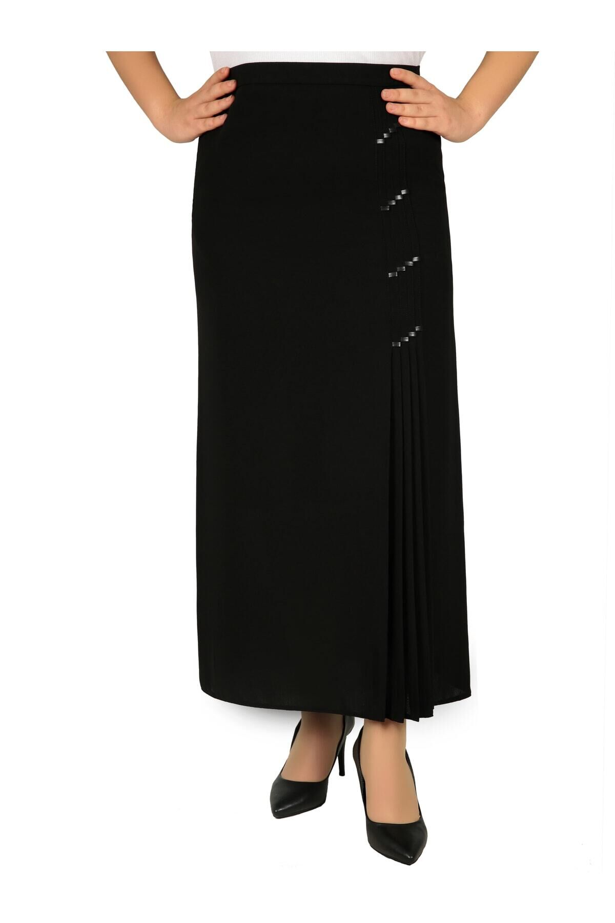 Tesettür Büyük Beden Deri Detaylı Astarlı Pileli Portoriko Kumaş Anne Eteği