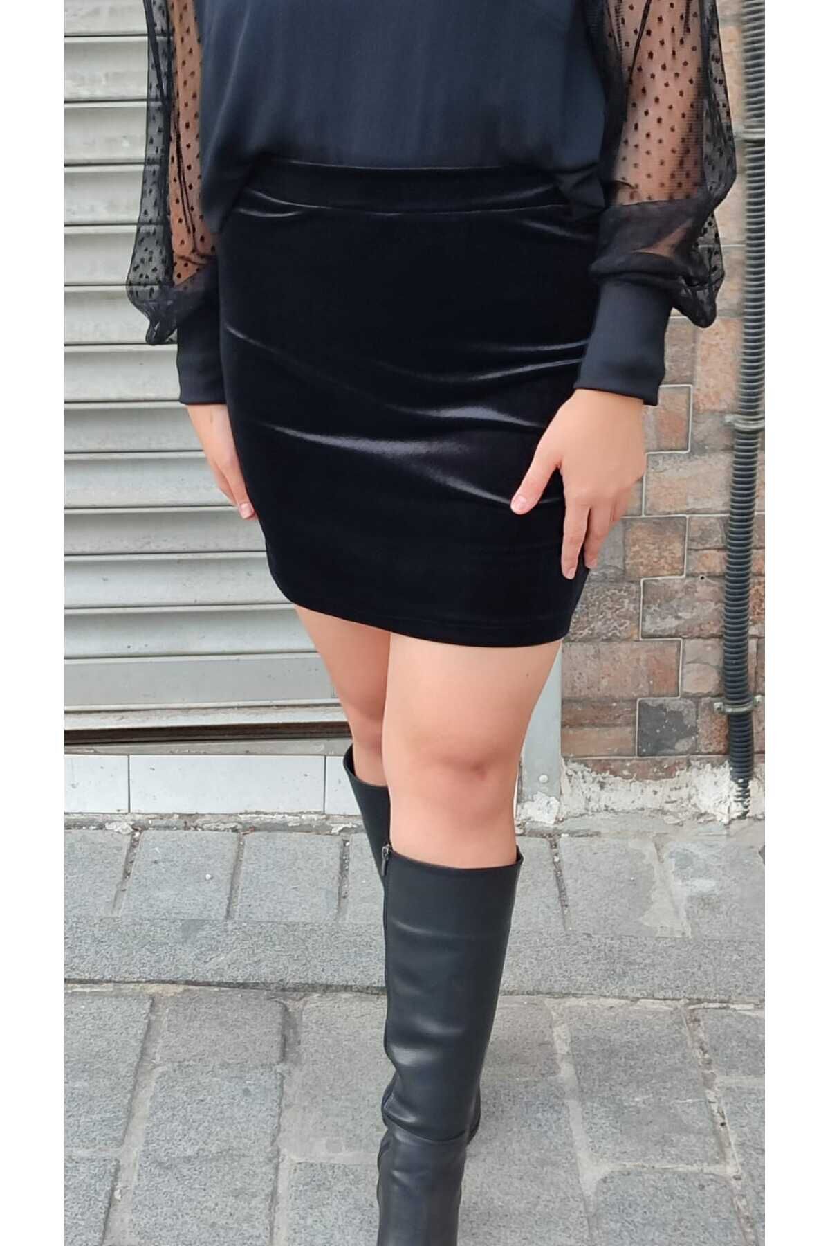 Beli Lastikli Astarsız Kadife Mini Etek