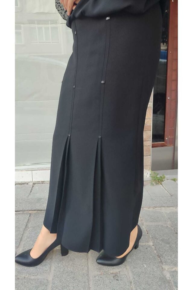 Tesettür Büyük Beden Deri Detaylı Astarl 3 Pileli Portoriko Kumas Anne Eteği