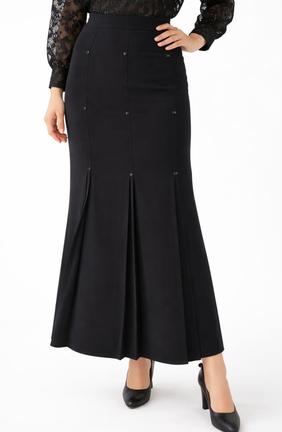 Tesettür Büyük Beden Deri Detaylı Astarl 3 Pileli Portoriko Kumas Anne Eteği