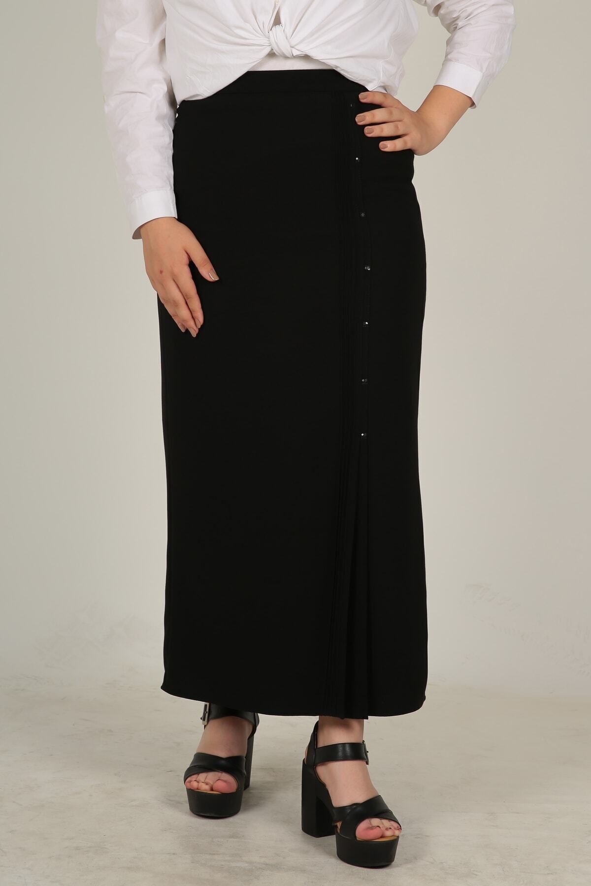 Tesettür Büyük Beden Taş Detaylı Pılelı Astarlı Portoriko Anne Eteği