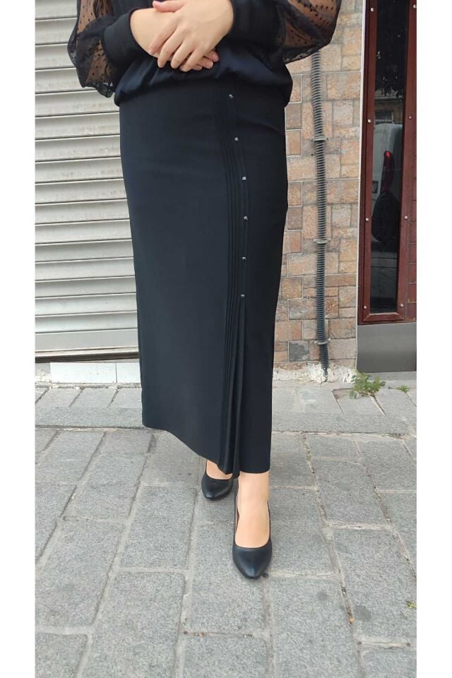 Tesettür Büyük Beden Taş Detaylı Pılelı Astarlı Portoriko Anne Eteği