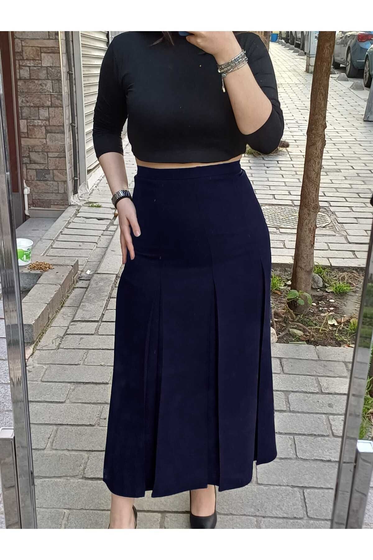 Tesettür Büyük Beden Fişekli Astarlı Portoriko Kloş Anne Eteği Urun Boy 95 Cm Lacivert - 50