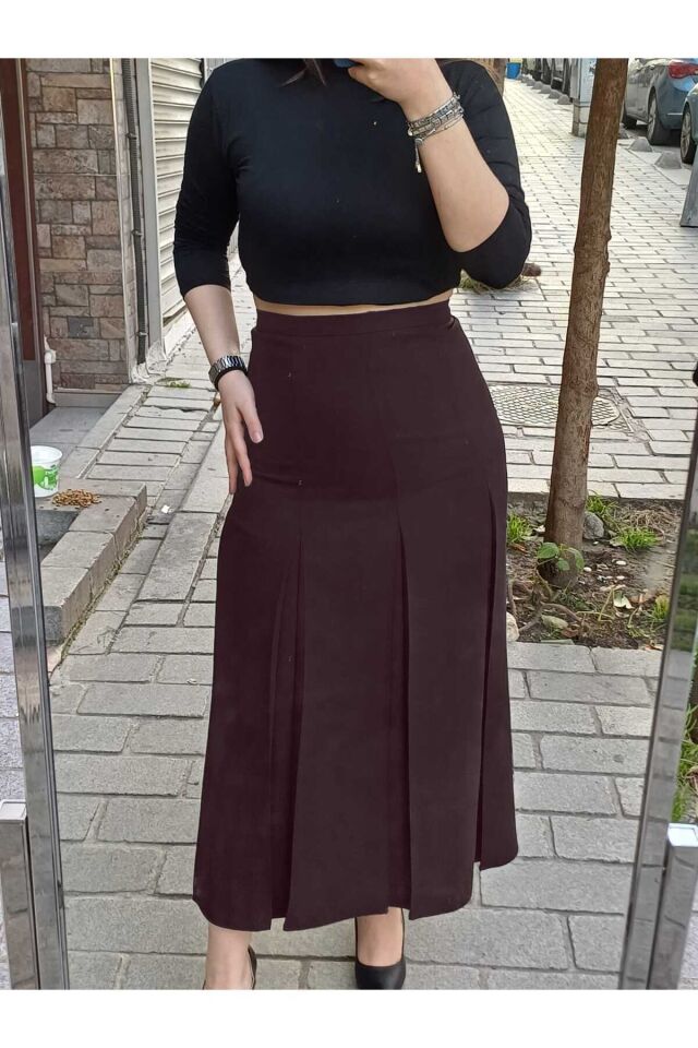 Tesettür Büyük Beden Fişekli Astarlı Portoriko Kloş Anne Eteği Urun Boy 95 Cm Kahverengi - 48