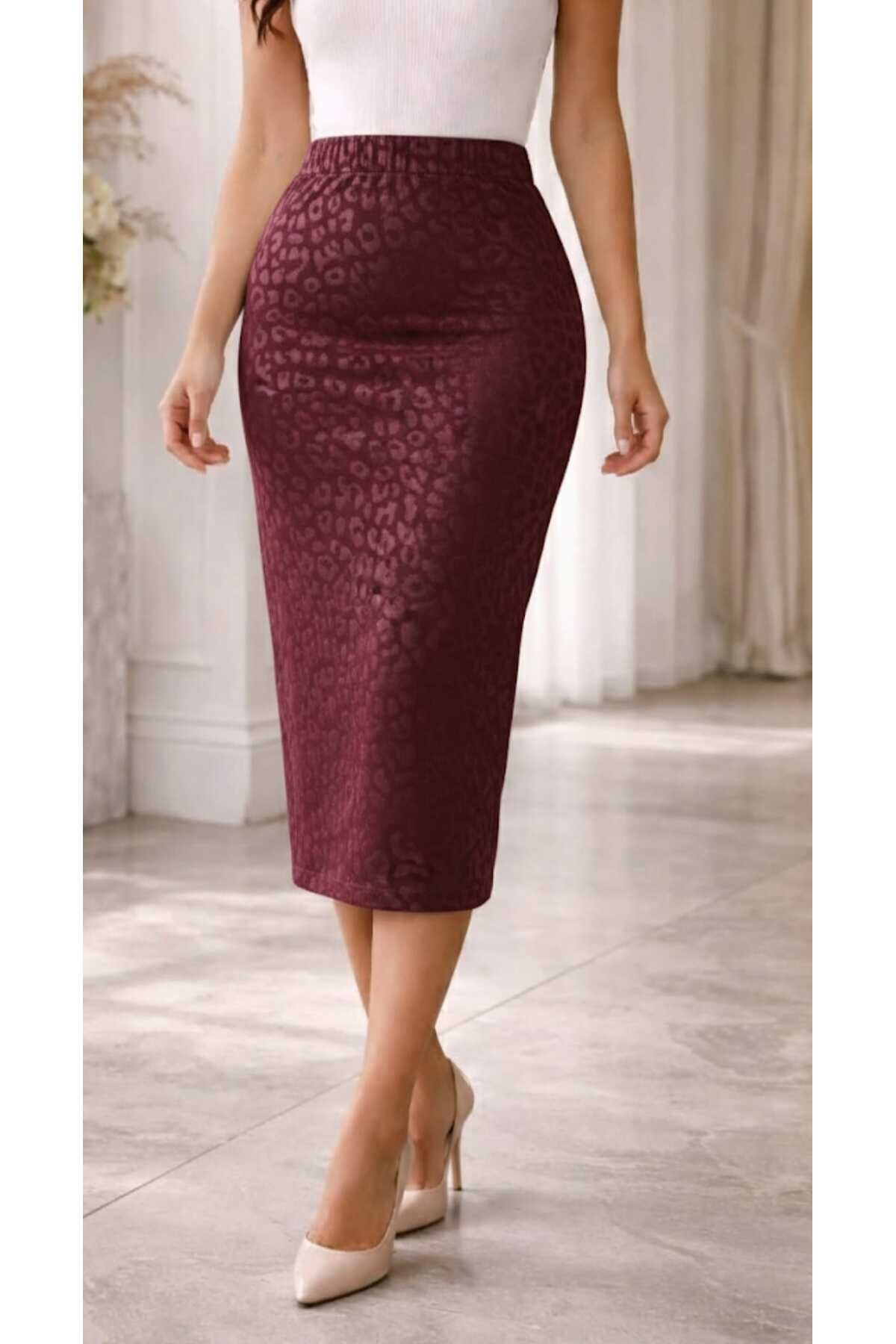 Beli Lastikli Likralı Desenli Kalem Etek 70 cm Bordo - 40