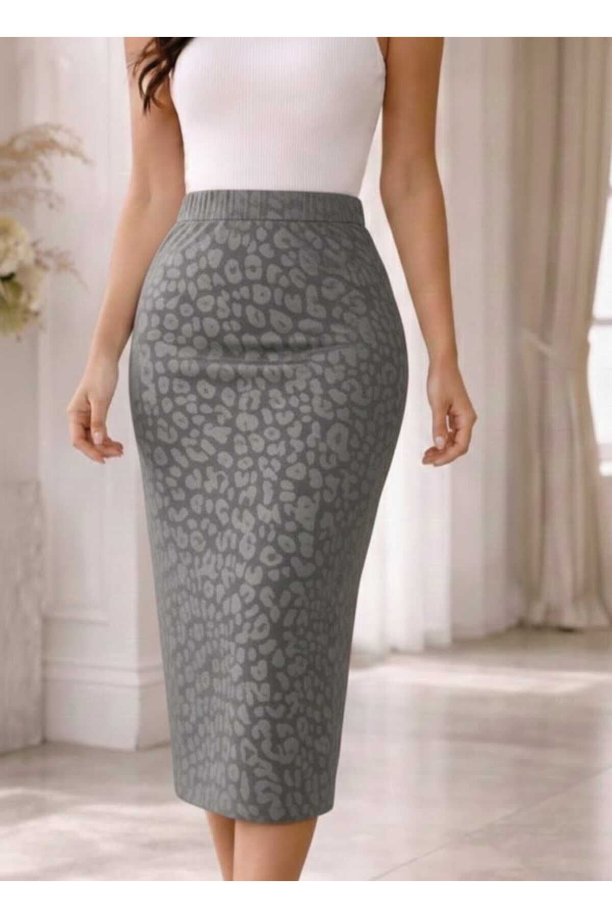 Beli Lastikli Likralı Desenli Kalem Etek 70 cm Gri - 46