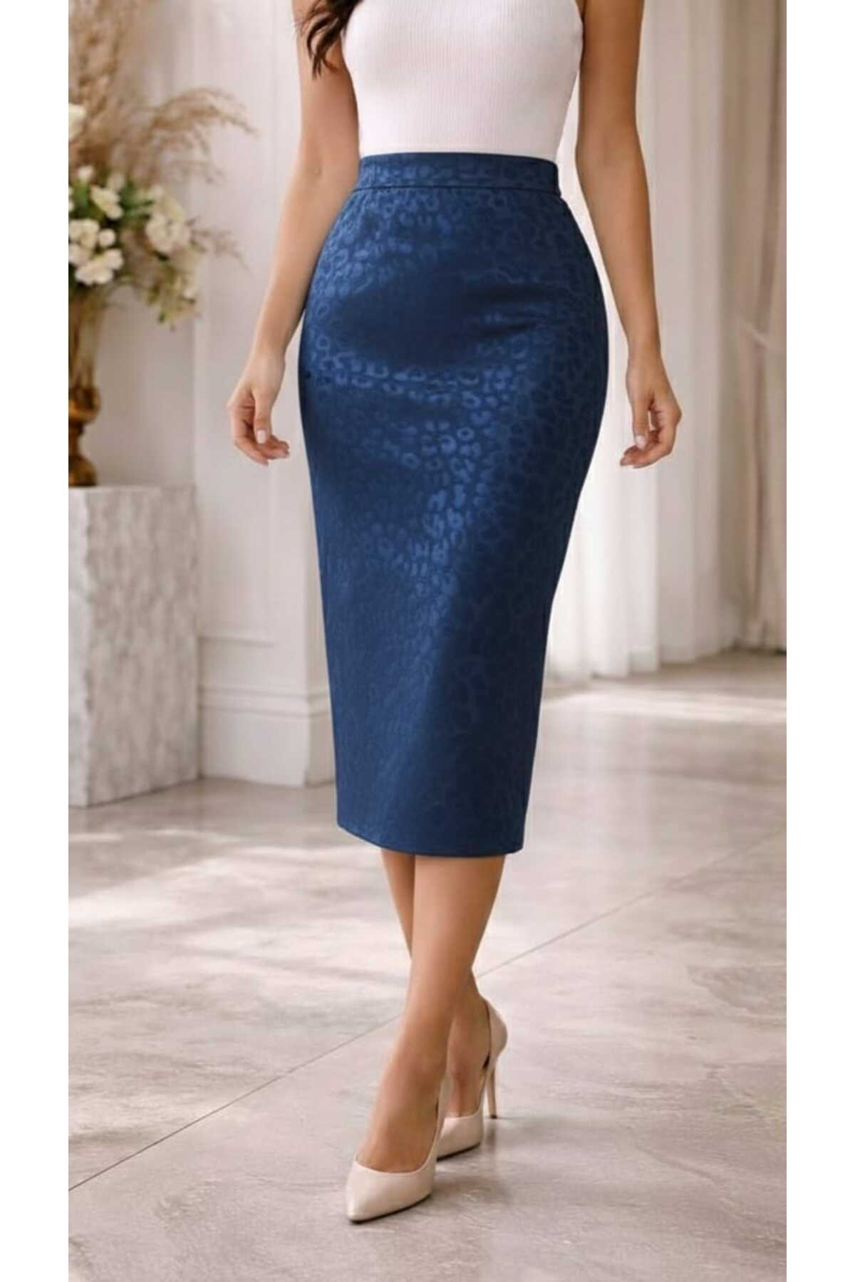 Beli Lastikli Likralı Desenli Kalem Etek 70 cm Lacivert - 46
