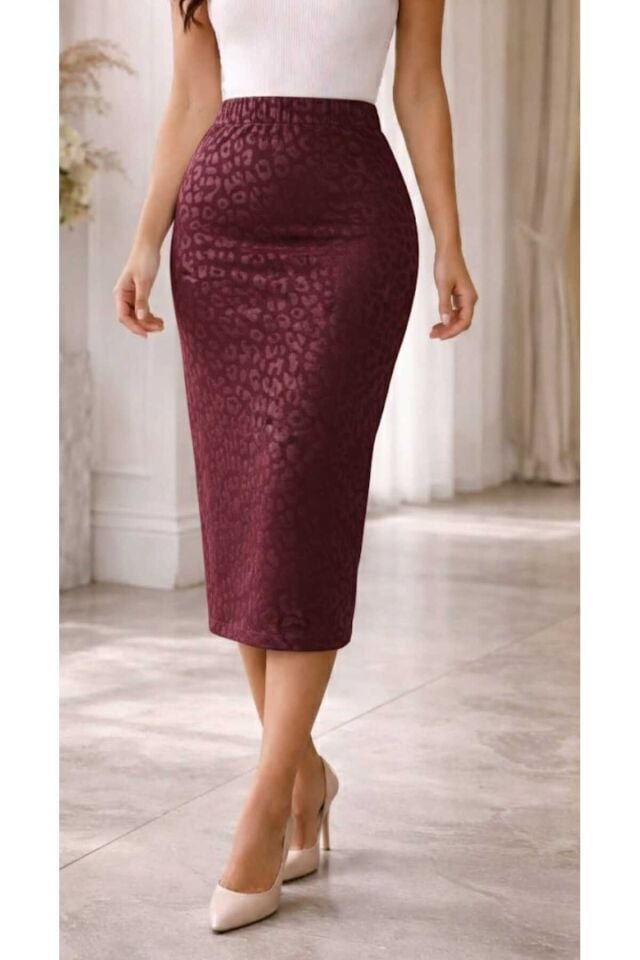 Beli Lastikli Likralı Desenli Kalem Etek 70 cm Bordo - 48