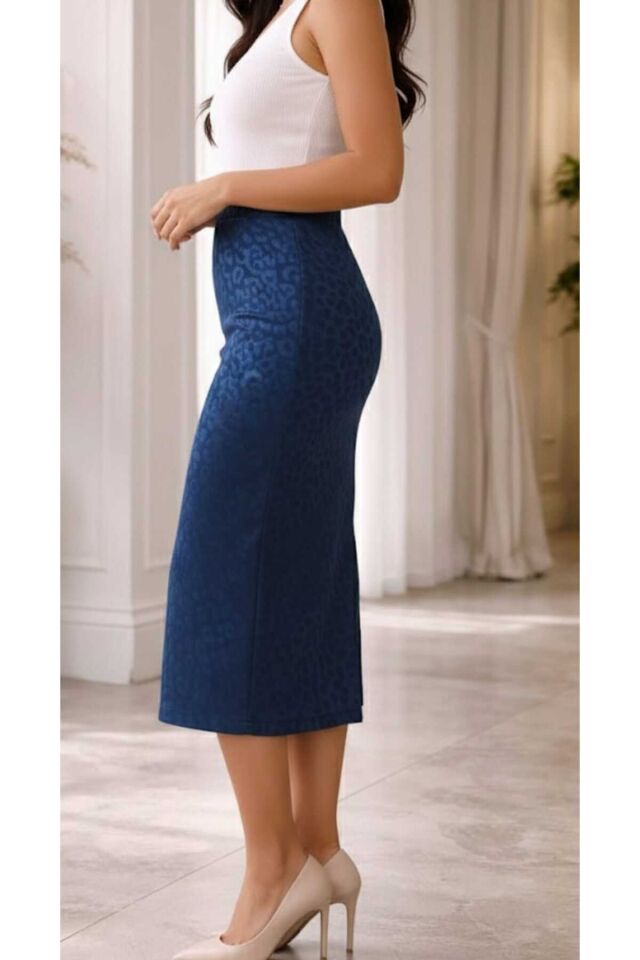 Beli Lastikli Likralı Desenli Kalem Etek 70 cm Lacivert - 50