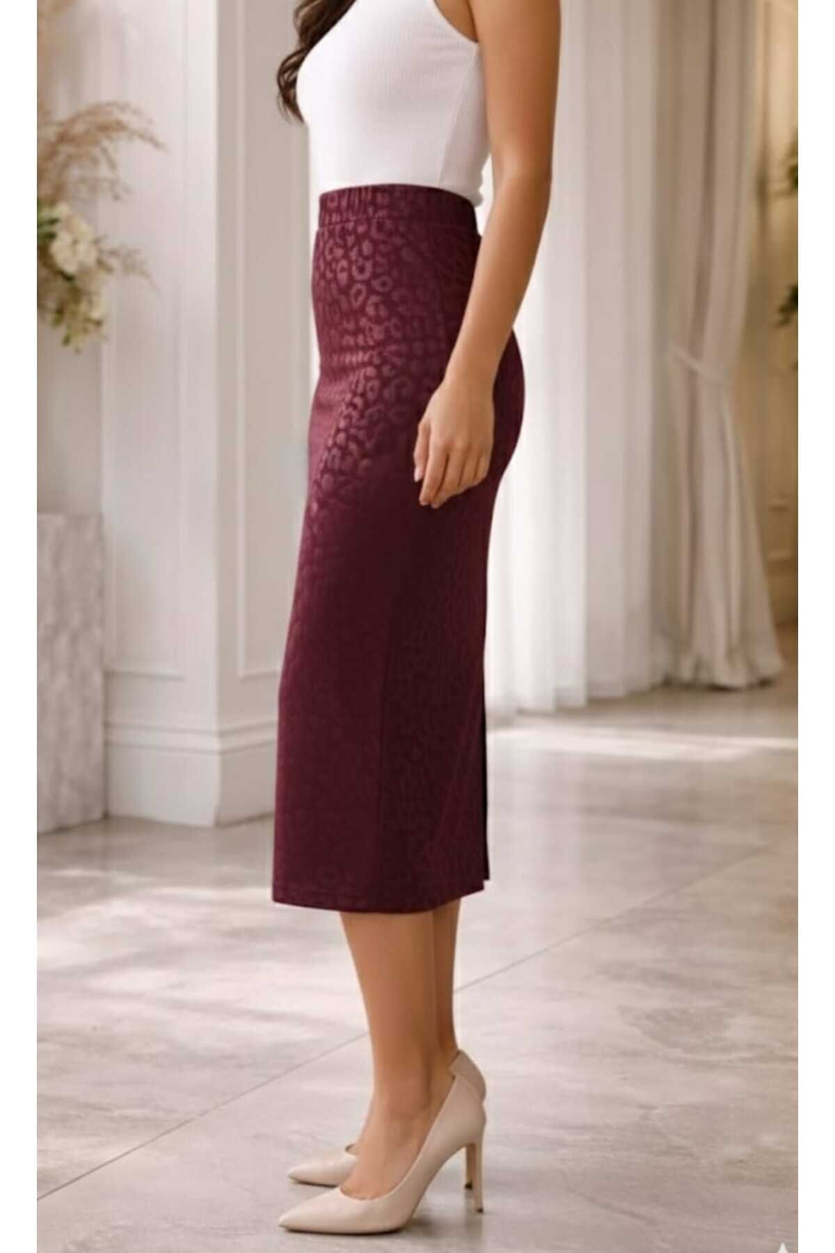 Beli Lastikli Likralı Desenli Kalem Etek 70 cm Bordo - 50