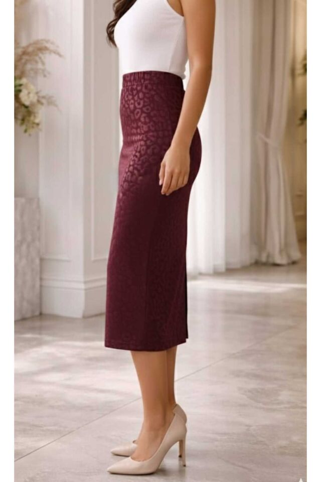 Beli Lastikli Likralı Desenli Kalem Etek 70 cm Bordo - 52