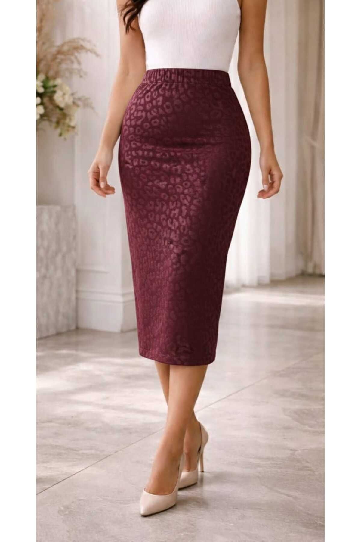 Beli Lastikli Likralı Desenli Kalem Etek 70 cm Bordo - 36