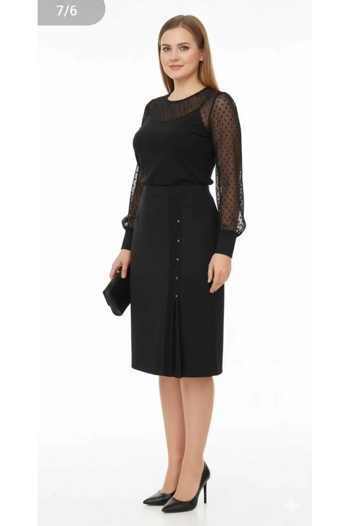 Kısa Nevrürlü Taş Detaylı Astarlı Portoriko Kumaş Etek Siyah - 36