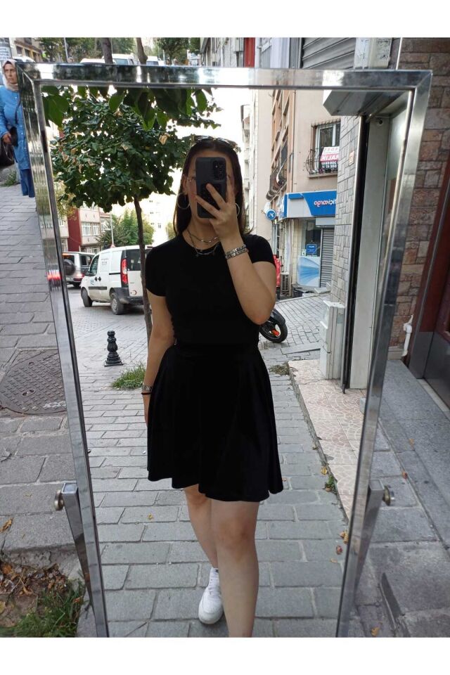 Beli Lastikli Astarsız Diz Boyu Kadife Kloş Etek urun boy 50 cm Siyah - 34