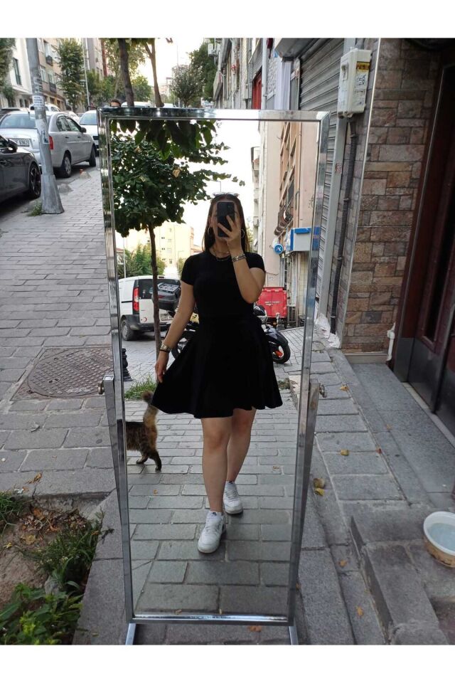 Beli Lastikli Astarsız Diz Boyu Kadife Kloş Etek urun boy 50 cm Siyah - 34