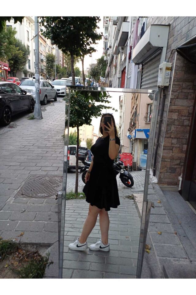 Beli Lastikli Astarsız Diz Boyu Kadife Kloş Etek urun boy 50 cm Siyah - 46